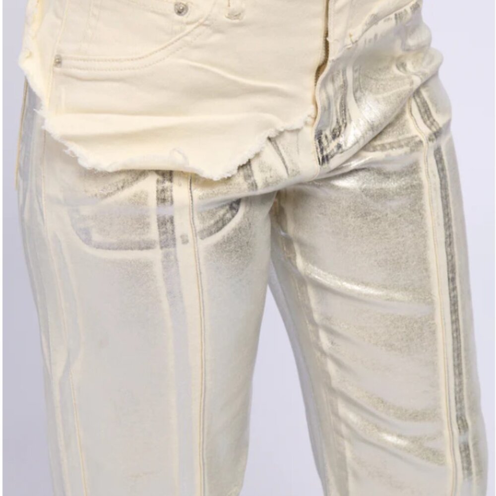 CALLIE LIVES MIZ METALLIC CREAM AKIRA Silver Coated Wide Leg Stretch Jeans M - Picture 5 of 6